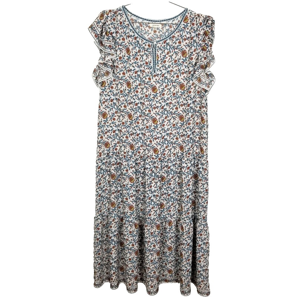 Max Studio Floral Tiered Maxi Dress in Cream, Blue & Brown